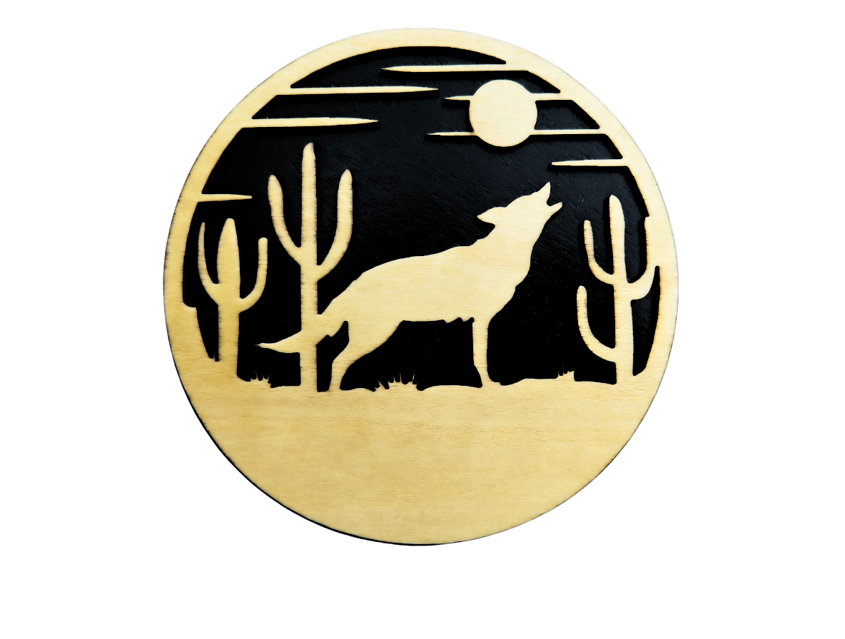 Howling Coyote Coaster — handcrafted laser-cut basswood by Tranquil Studio