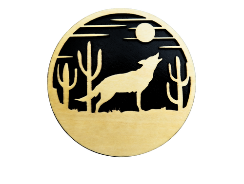 Howling Coyote Coaster — handcrafted laser-cut basswood by Tranquil Studio