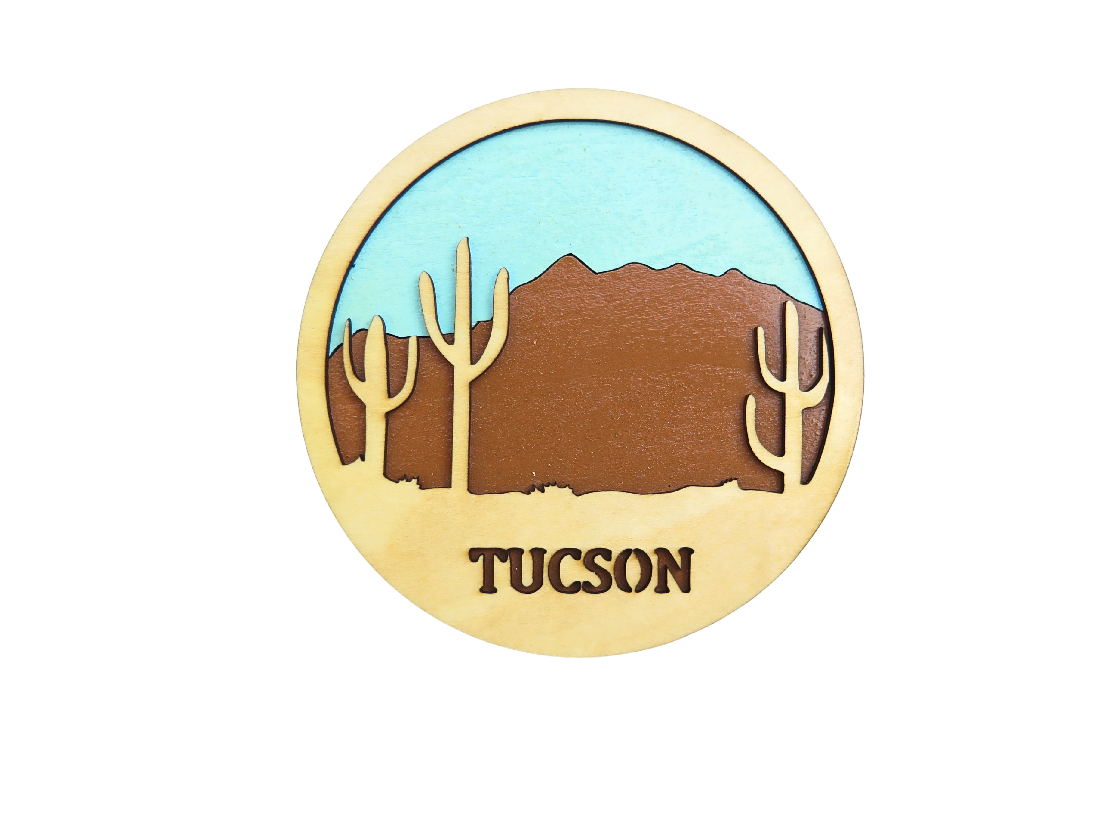 Tucson Saguaros Coaster — handcrafted laser-cut basswood by Tranquil Studio
