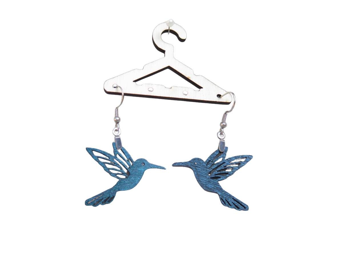 Hummingbird Earrings — Black Shimmer — handcrafted laser-cut basswood by Tranquil Studio