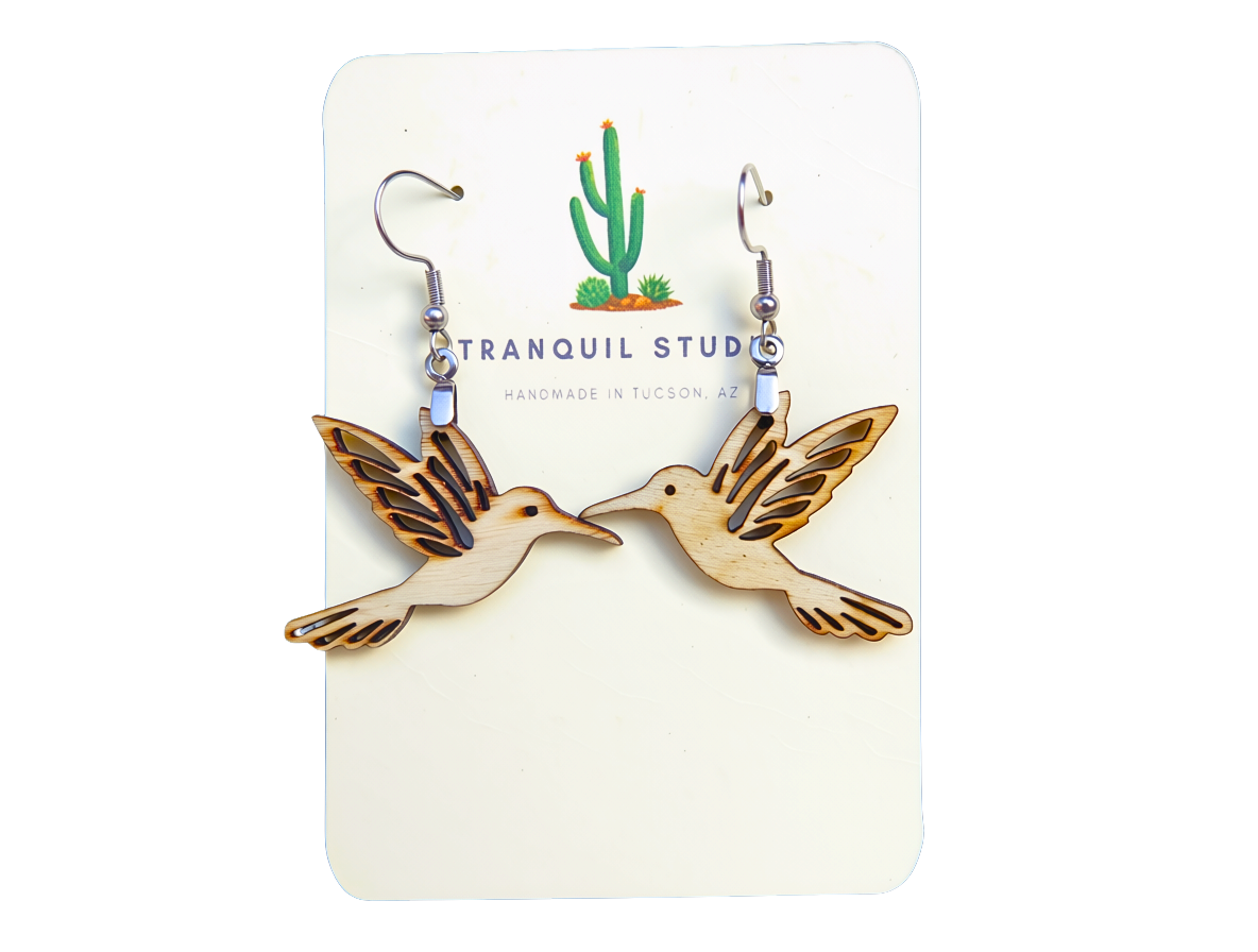 Hummingbird Earrings — Champagne — handcrafted laser-cut basswood by Tranquil Studio